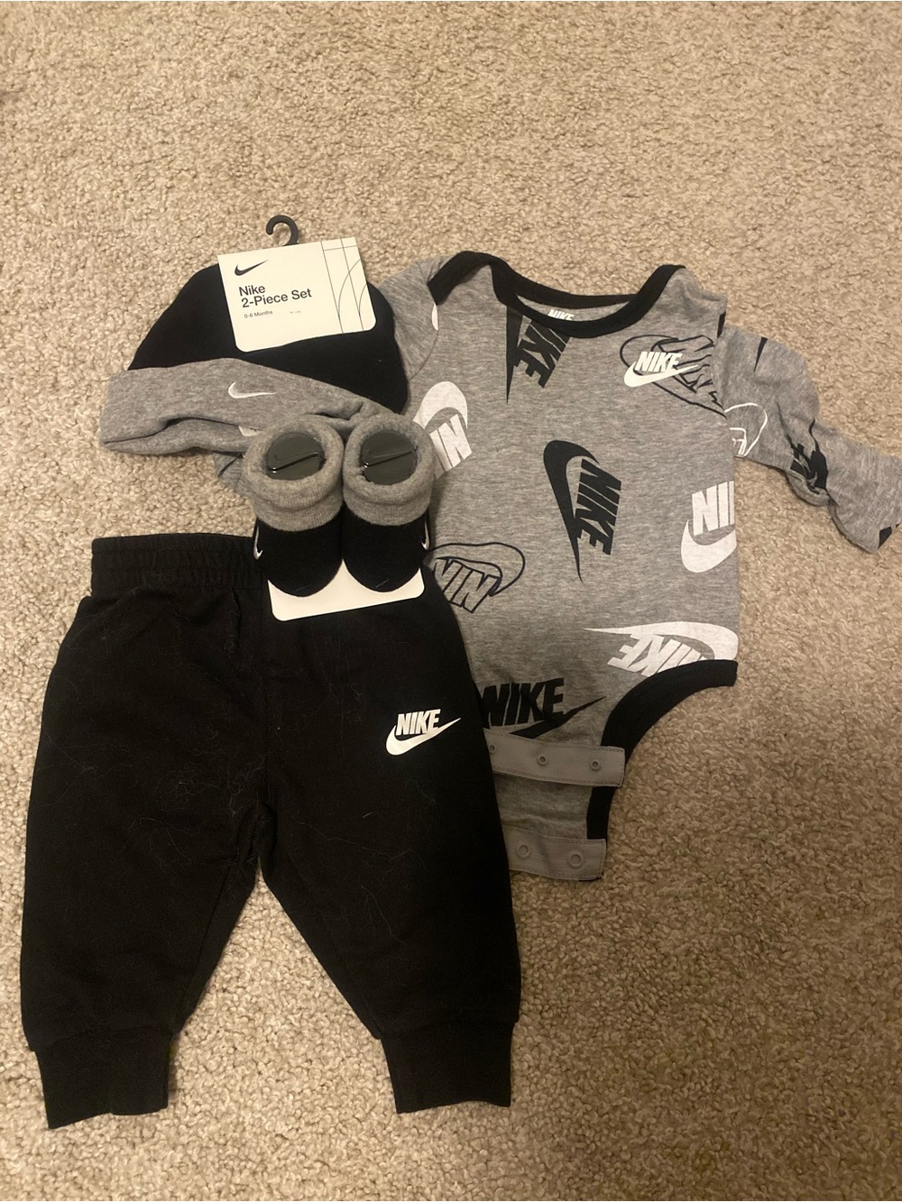 Nike Grey & Black Logo Baby One-Piece Set with Pants and Hat